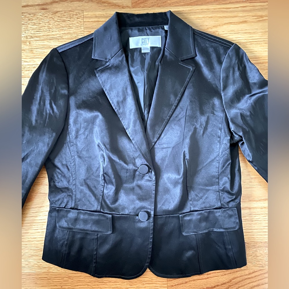 Classic Black Satin Blazer with Button Detail